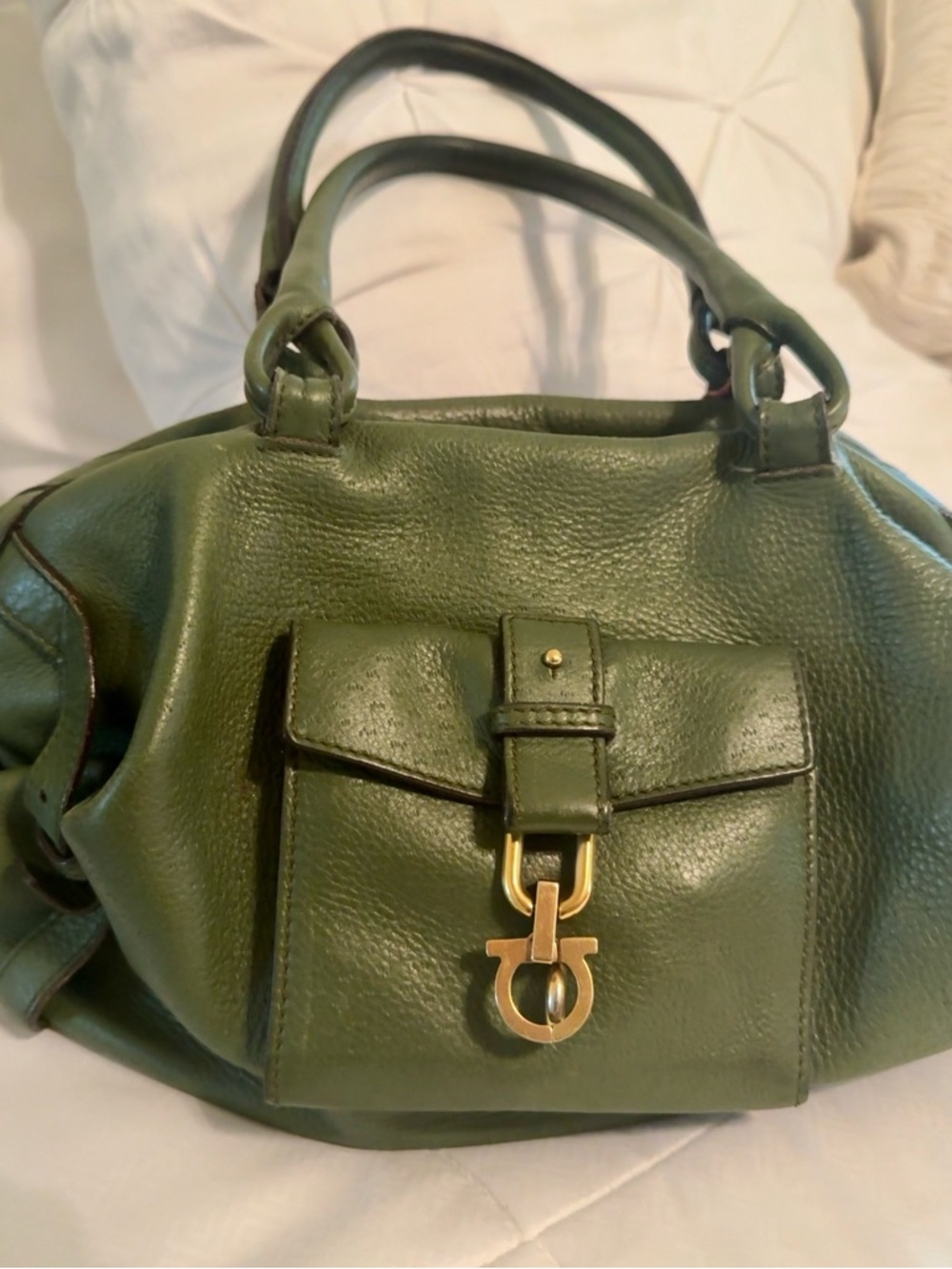 Salvatore Ferragamo Olive Green Leather Shoulder Bag with Gold Hardware